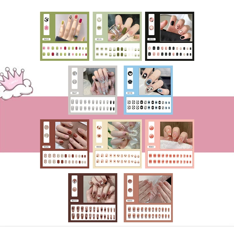 Wearable Press On Fake Nails Tips with Glue False Nail Patch Short Square Full Cover Cute Rose Leaves Animals Pattern Jelly