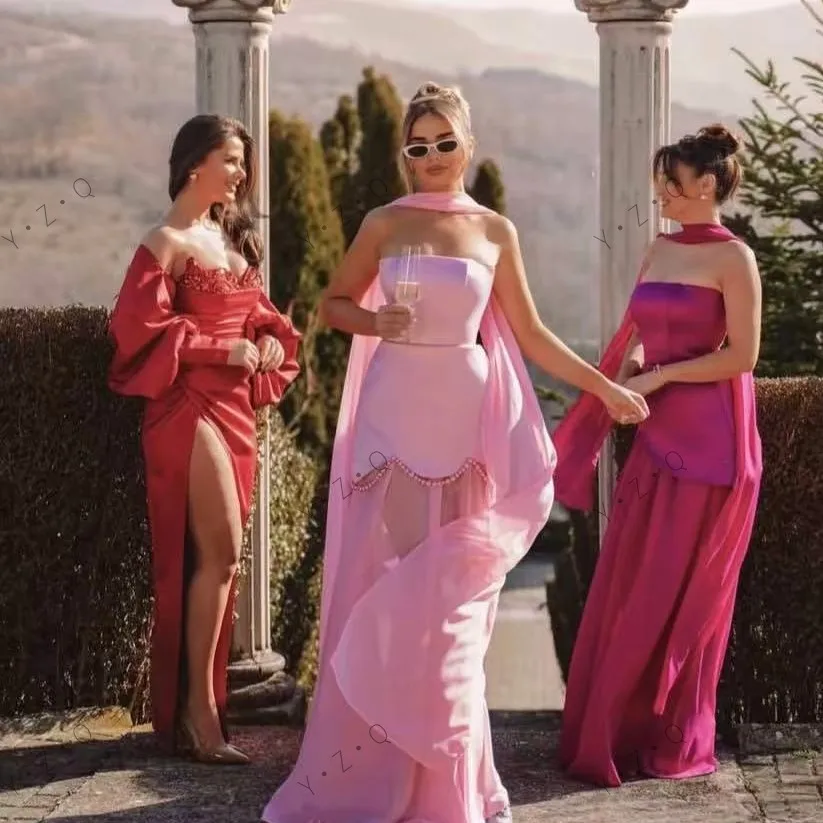 シックなデザインのピンクのマキシ丈ワンピース、ショールストラップレスのパーティードレス、ビーズ付きシアーシフォン、ボヘミアンホリデーパーティードレス、女性用オフショルダー