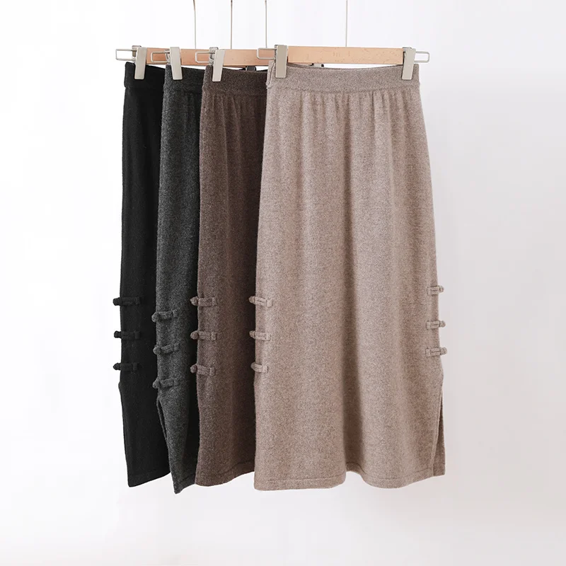 

Fall/Winter New Pure Wool A-Line Skirt Split On Both Sides Elastic Waist Hip Skirt Buckle Skirt Wool Solid Color