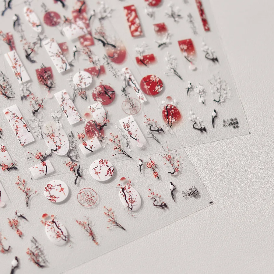 

2 шт. 5D наклейки для ногтей с цветами сливы в стиле Kawaii, модные китайские цветочные наклейки для нейл-арта, самоклеящиеся стикеры, аксессуары для DIY-дизайна