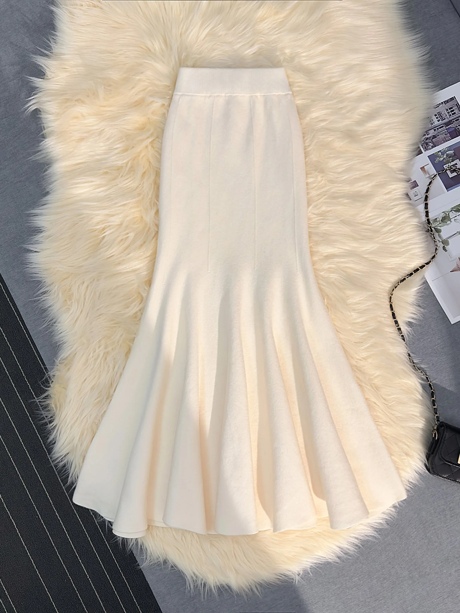 Thiened malha fi cauda f saia com camisola comprimento médio envoltório em torno da saia cintura alta coreano sle commute mistura de poliéster