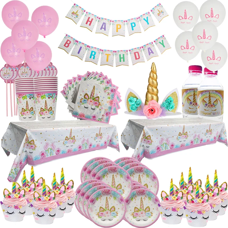 Colorful Unicorn Tableware Set Paper Plate Cups Straws Tablecloth Girls Birthday Party Favors Baby Shower Unicorn Party Decor