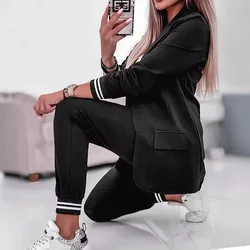 Two Piece Sets Outfit Elegant Womens Streetwear 2024 Summer Casual Striped Shawl Neck Coat & Cuffed Sexy Pants Suit New Fashion
