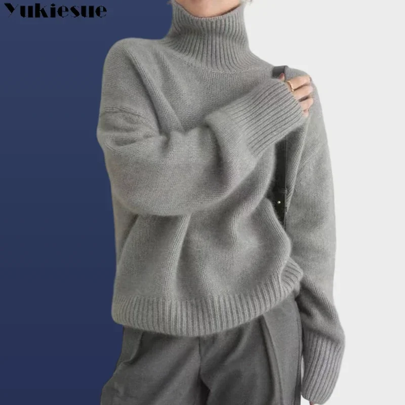 

knitting Fashion Korea New Cashmere Sweater Women's Wool High Lapel Pullover 2023 Autumn Winter Casual Loose Thick Knitted Top