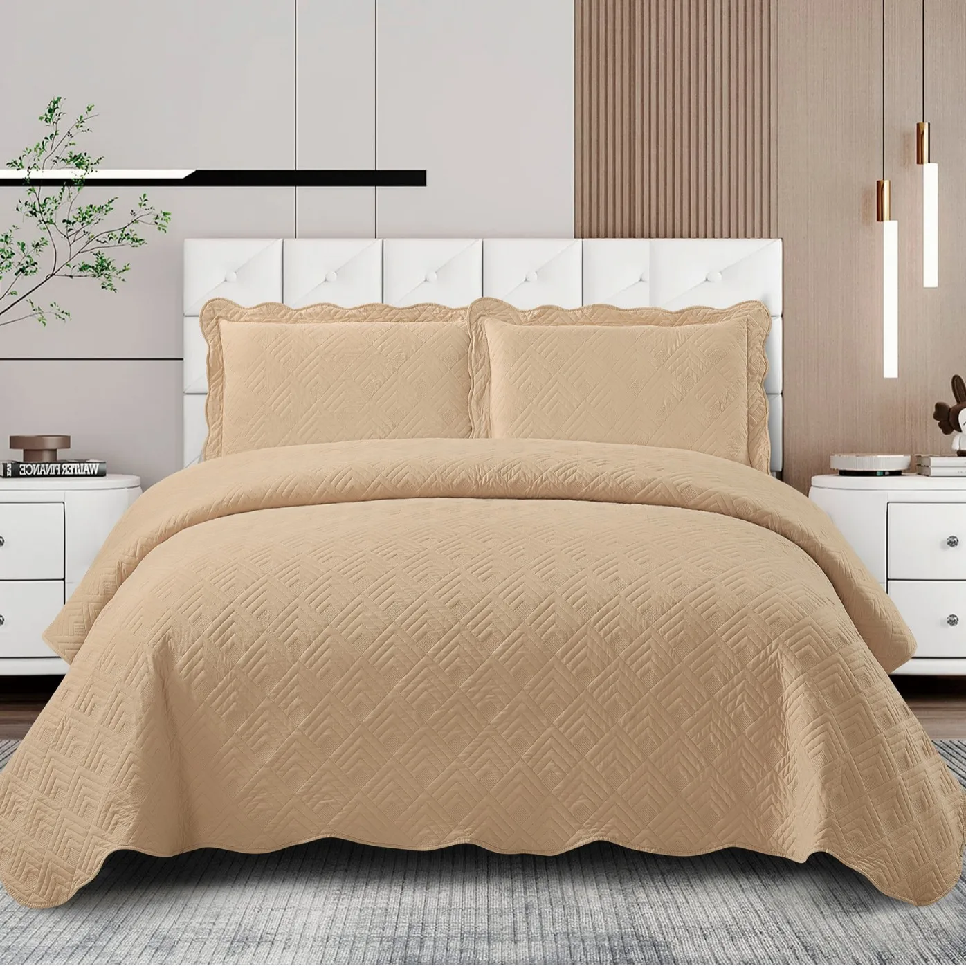 

Minimalist Washed Cotton Quilt Set - 3PCS Solid Color Bedding with Geometric Embroidery, Soft, Breathable, All-Season Bedspread