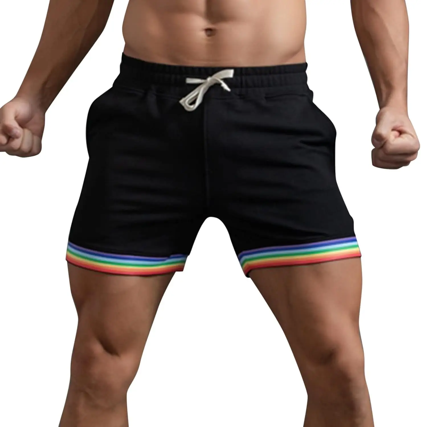 Short arc-en-ciel à rayures multicolores pour homme, pantalon de sport décontracté, short de course à pied, poche de proximité, été