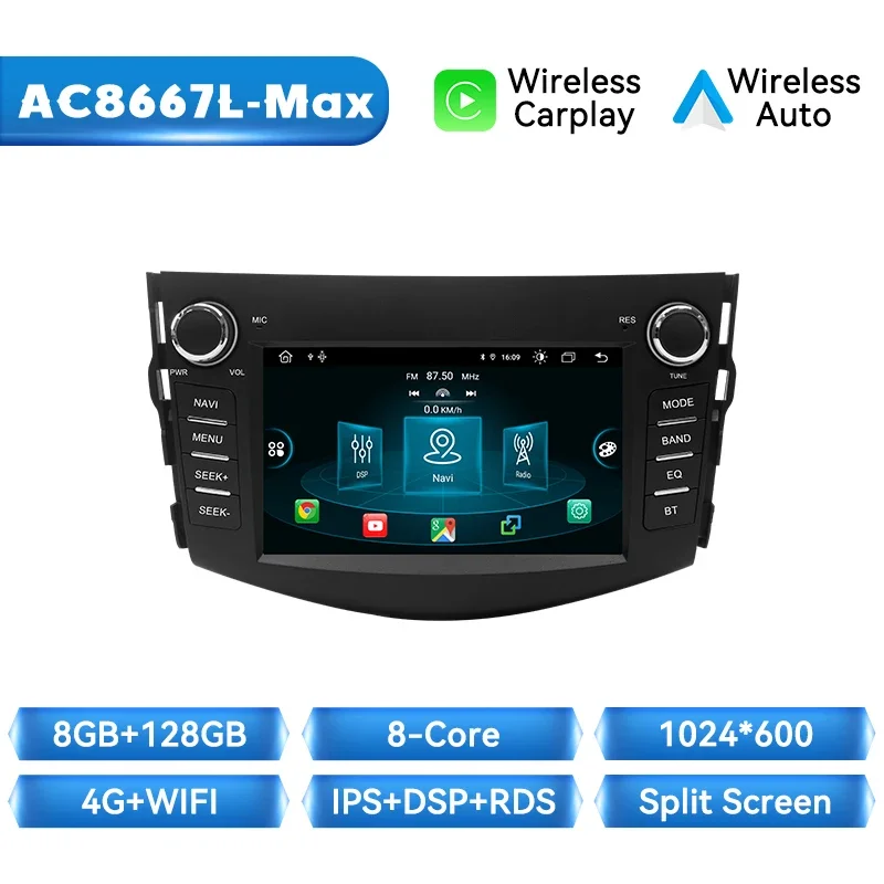 Ai Voice Draadloze Carplay Autoradio Speler Voor Rav4 2006 2007 2008 2009 2010 2011 2012 Android 14 Autoradio 8 + 128Gb Stereo Audio