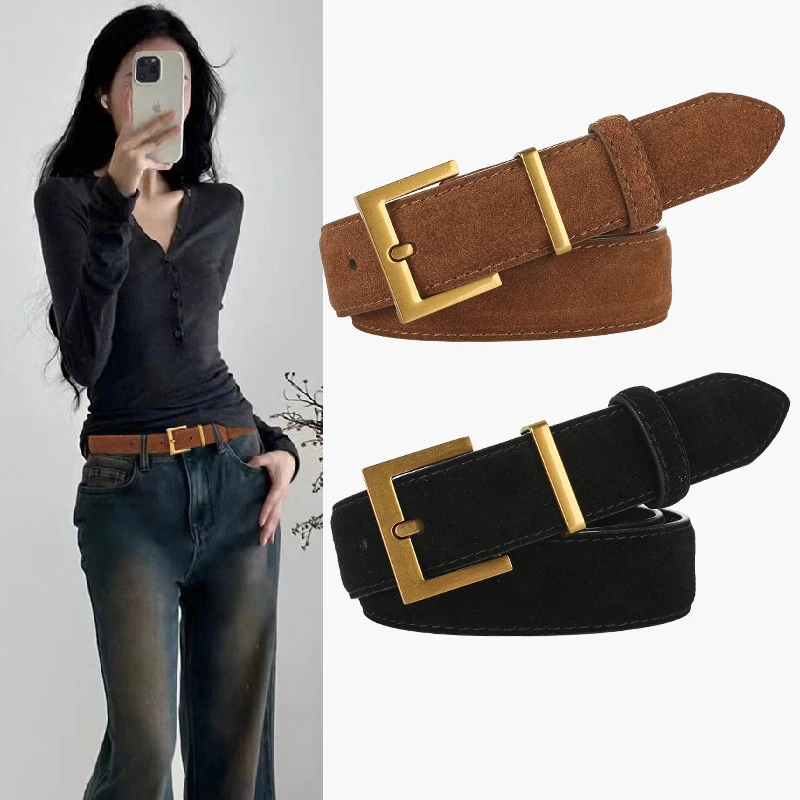حزام جلد سويدي فاخر للسيدات كاجوال مع جينز مربع ذهبي بإبزيم حزام نسائي أنيق من جلد البقر الأسود والبني حزام عريض