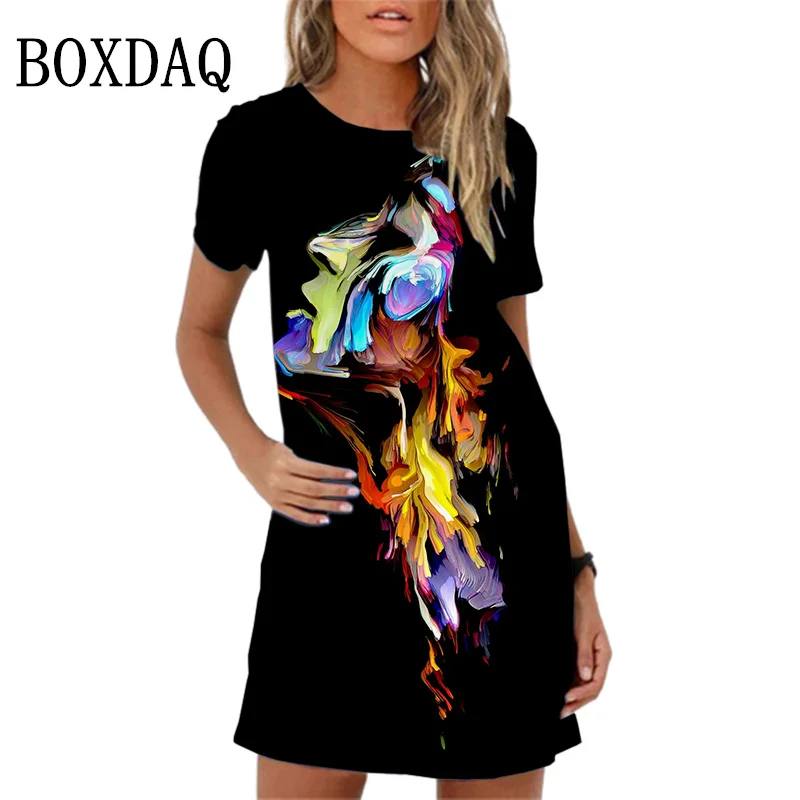 Gothic Hip Hop Style Abstract Face Print Women Dress Summer Fashion Short Sleeve Loose A-Line Dress Casual Dress Womens Sundress