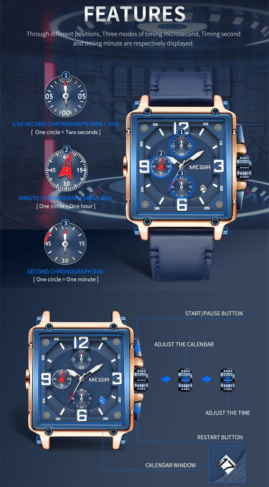 MEGIR Top Brand Watches for Men Waterproof Leather Quartz Wristwatch Luminous Chronograph Calendar Men Clock Reloj Hombre 2061