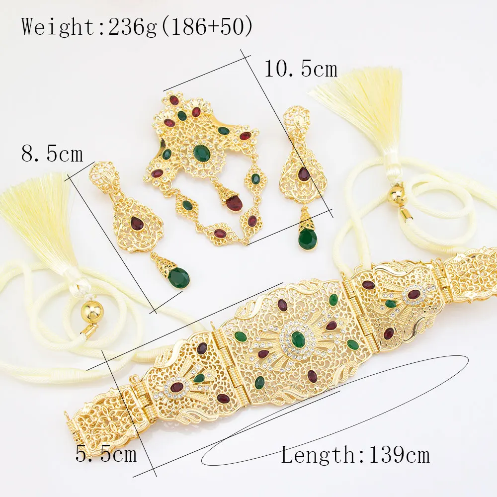Moroccan Jewelry Sets Caftan Waist Belt Rope Tassels Chain Long Drop Earring Crystal Brooch Pins Arabic Bridal Bijoux image 6