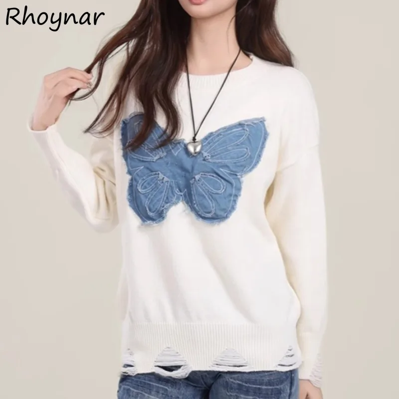 

Pullovers Women Butterfly Appliques Hole Retro Autumn Winter Denim Sweater Sweet Students Stylish Fashion Tops Personalized Ins