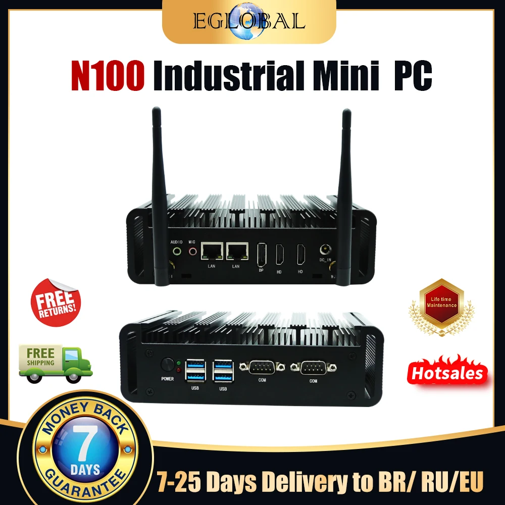 

Eglobal Industrial Fanless Mini PC 12th Gen N100 Computer Win10 Win11 16G DDR4 512G SSD Wifi 2 RJ45 Lan 2 RS232 Com HDMI VGA DP