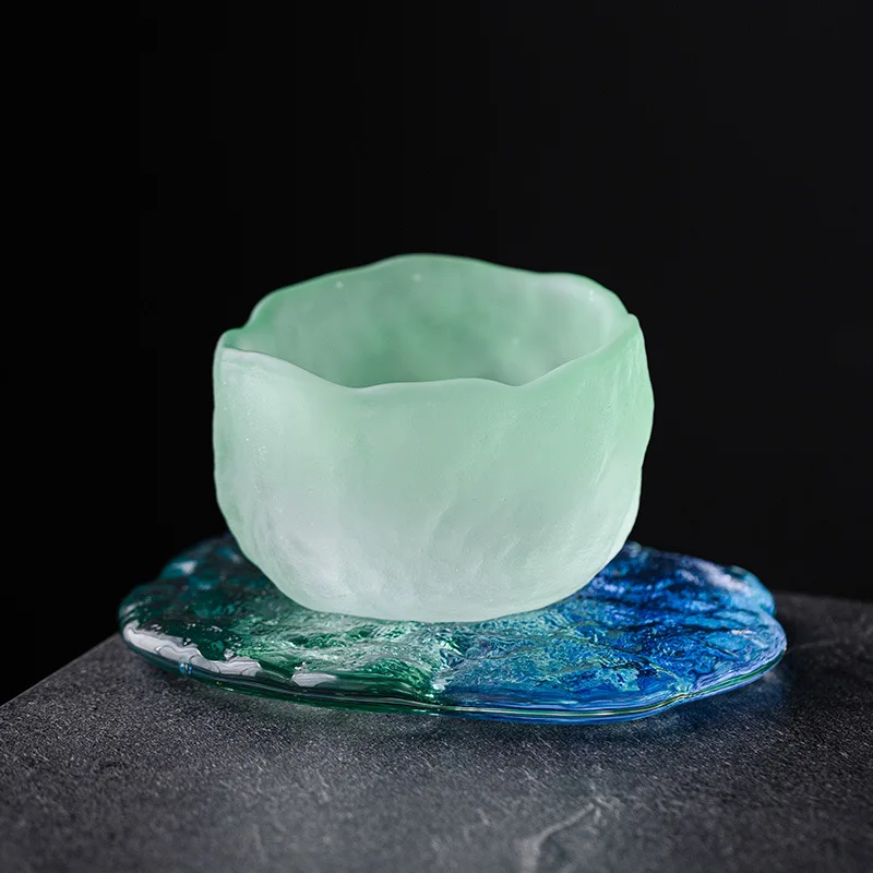 Glacier Blue Green Chinese National Tide Wind Small TeaCup Set  Frosted Texture Colored Glass Cup with Coasters Home Accessories