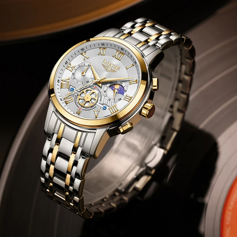 LIGE New Waterproof Women's Quartz Wristwatches Fashion Outdoor Sports Bracelet Watch Women Luxury Moon Phase Date Chronograph