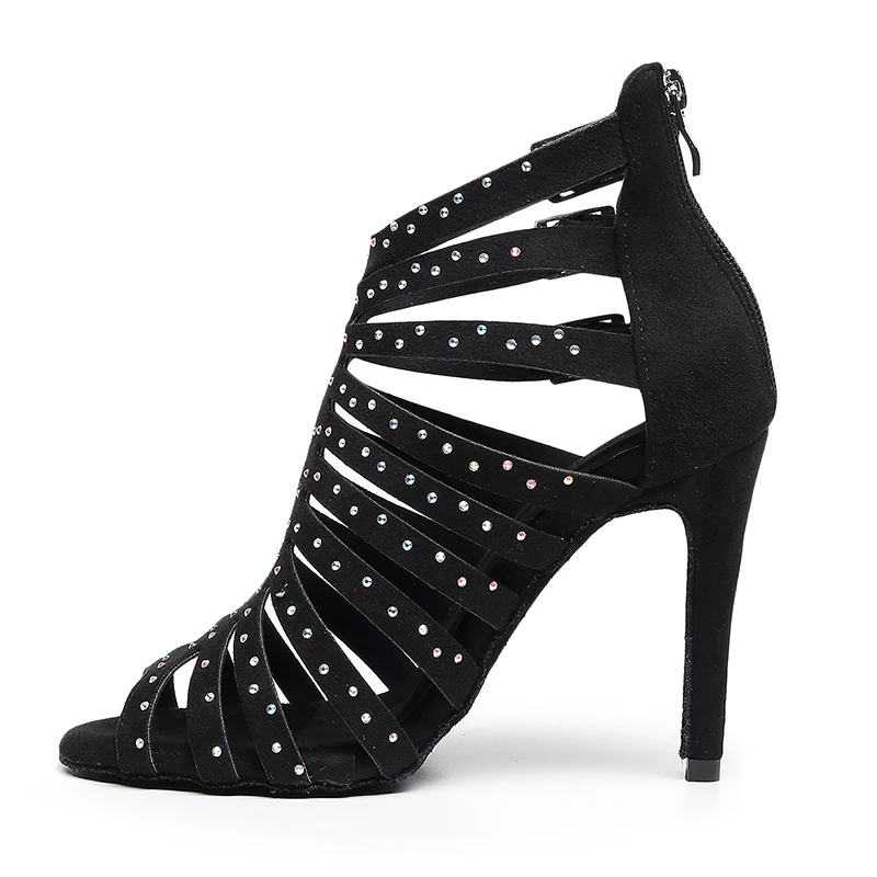 Woman Rhinestione Balck Modern Dance Shoes Girls High Heels Suede Rubber Salsa Jazz Latin Strap Dancing Shoes Cuban Slim Heels