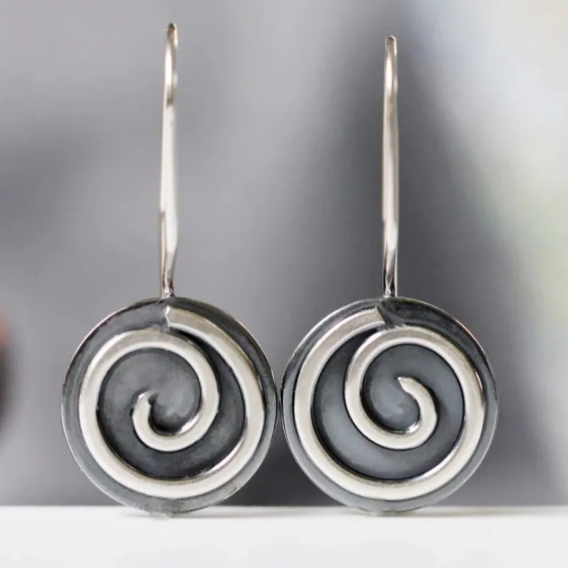 Vintage Originality Silver Color Metal Geometry Round Carving Spiral Dangle Earrings for Women Jewelry
