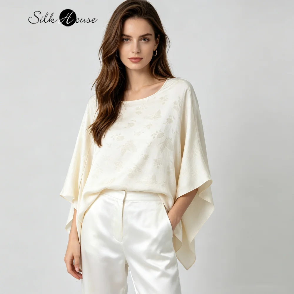 Women's Casual Summer Clothing 100% Natural Mulberry Silk Jacquard Satin National Luster Round Neck Loose Shawl T-shirt