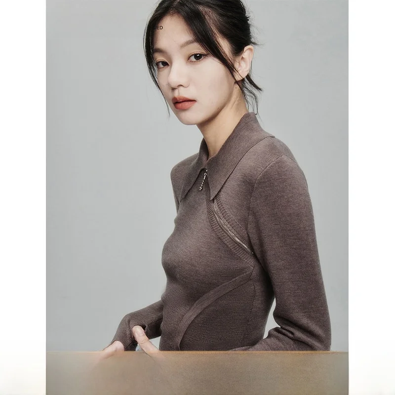

Fussed Urban Collection Merino Wool Top Tea Rat Brown Slim Fit New Chinese Sle Women's Knitted Sweater Collar Long Sve