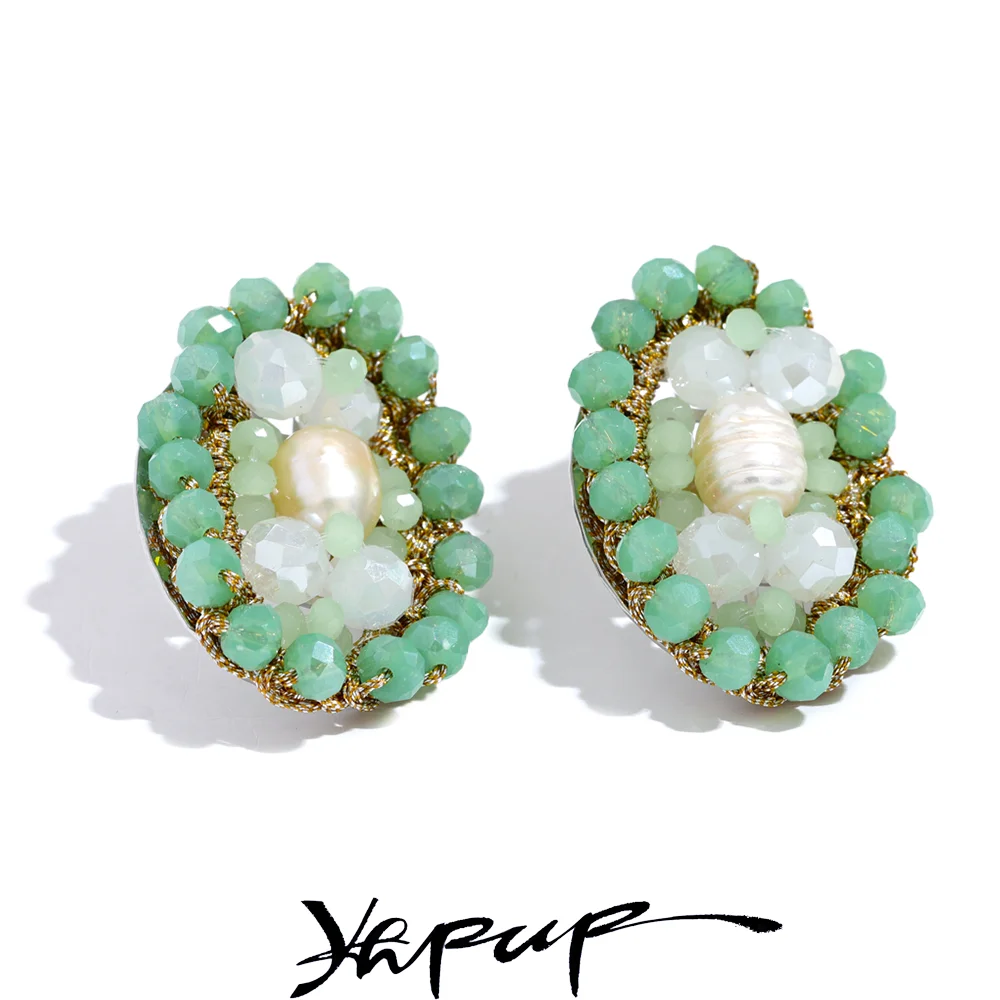 Yhpup Green Crystal Beads Natural Pearl Oval Handmade Stud Earrings Stainless Steel Fashion Trendy Jewelry for Women Gala Gift