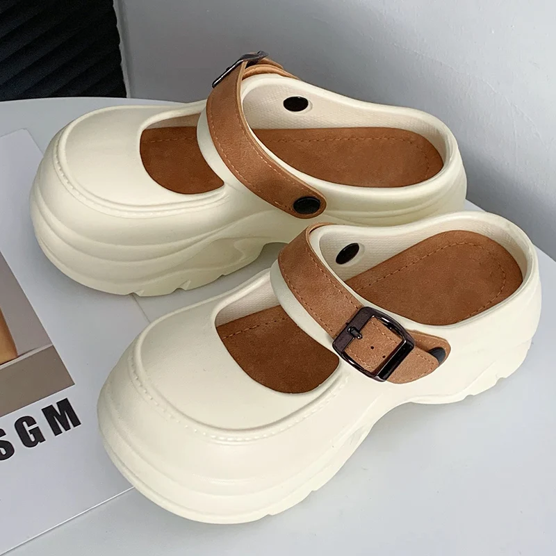 2025 New Cave Shoes for Chunky Platform Mary Jane Sandals Women Patchwork Color Buckle Strap Sandels Eva Outside Wear Slippers