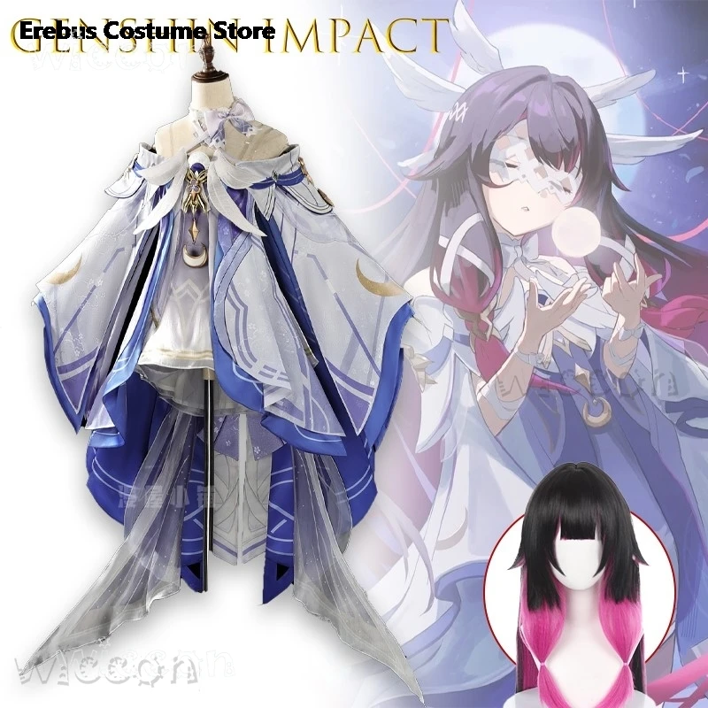 Halloween-Kostüme für Damen, Genshin Impact Columbina, Cosplay-Kostüm, komplettes Set mit Mond, komplettes Set, Uniform, Outfits, Anzug für Erwachsene