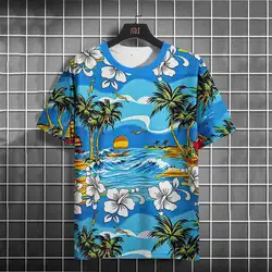 Hawaiian Beach T shirts For Men 3D Coconut Tree Print O-Neck Short Sleeve T-shirt Summer Oversized Pullover Men Y2k Top Clothing