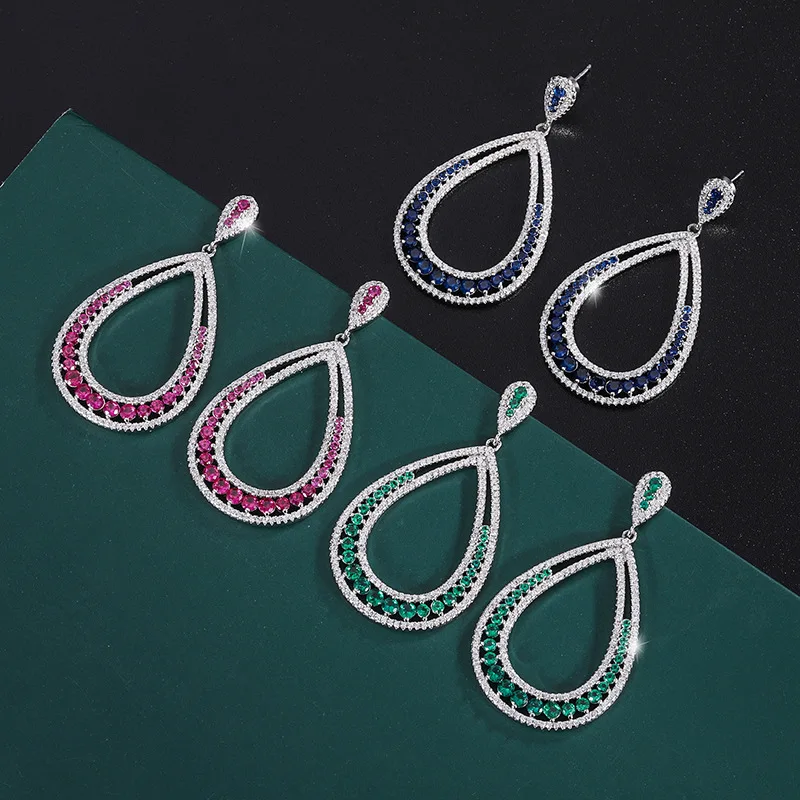 

2024 New Korean Style Temperament Large Earrings Women's Exaggerated Tassel Water Droplets Blue Green Cubic Zirconia Jewelry