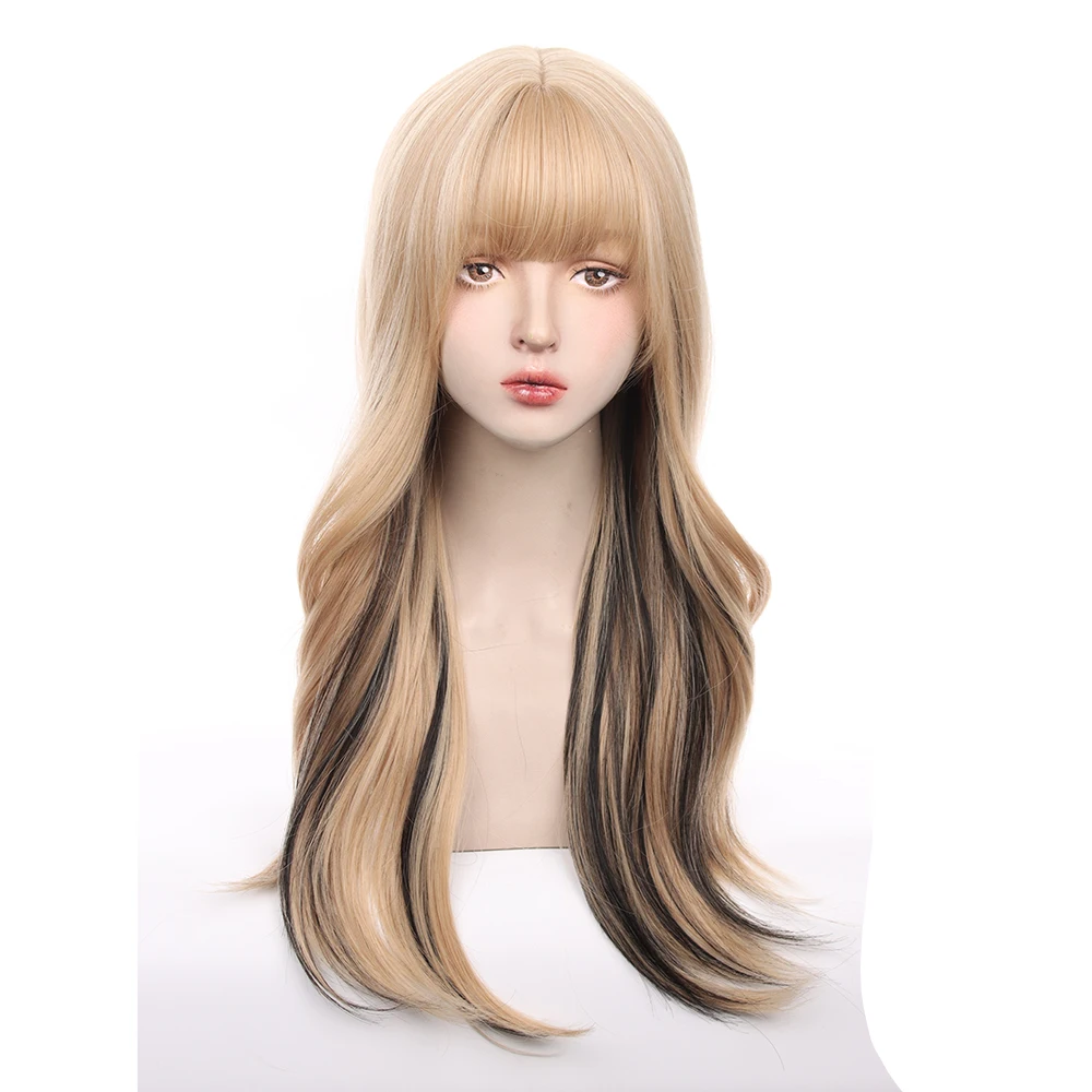 باروكة صناعية مقاومة للحرارة للنساء، طويلة مموجة، أشقر مختلط، نمط أسود مناسب للحفلات التنكرية والملابس اليومية