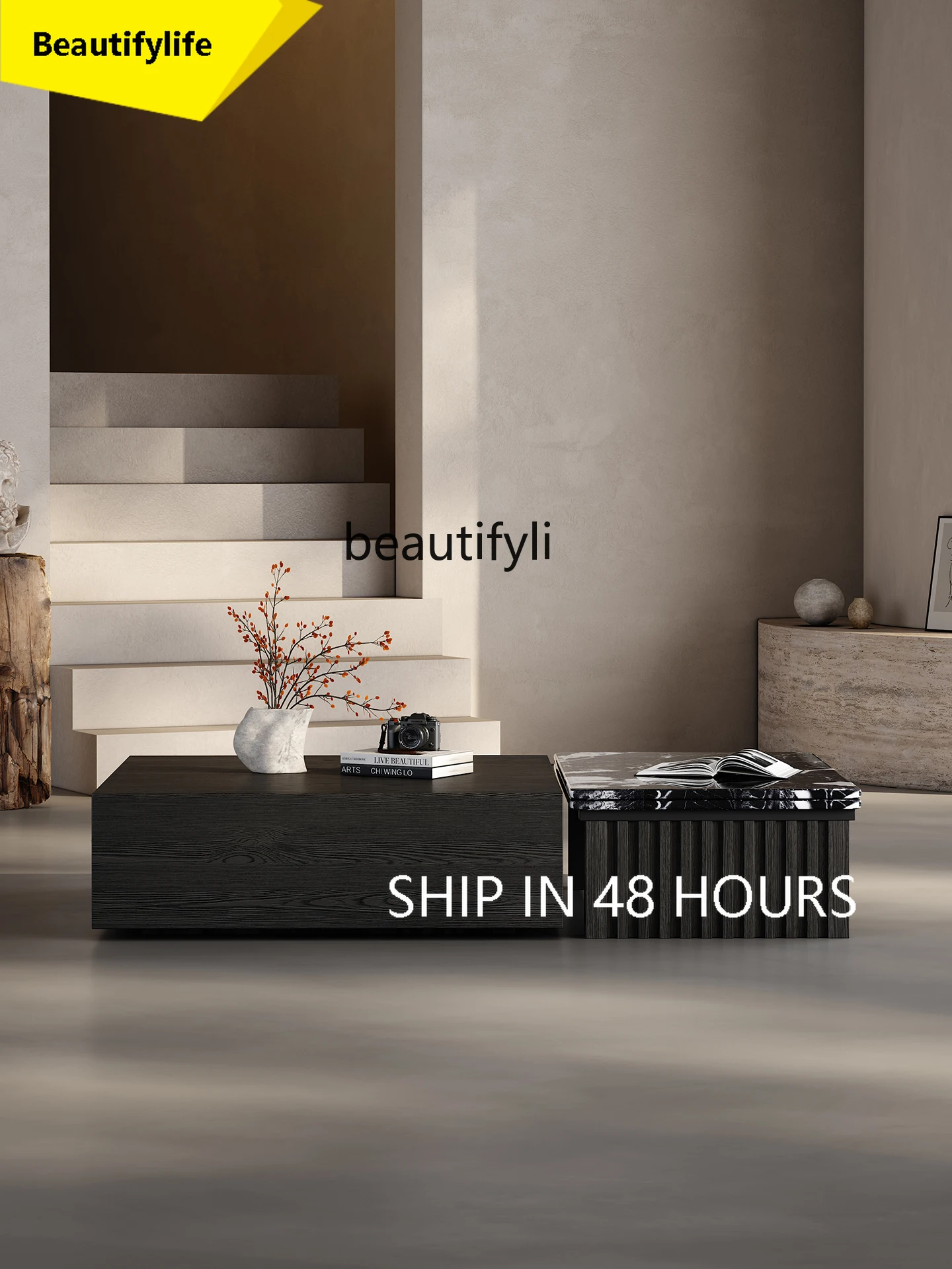 

Minimalist, black luxury stone coffee table living room home new light luxury high-end rectangular coffee table combination