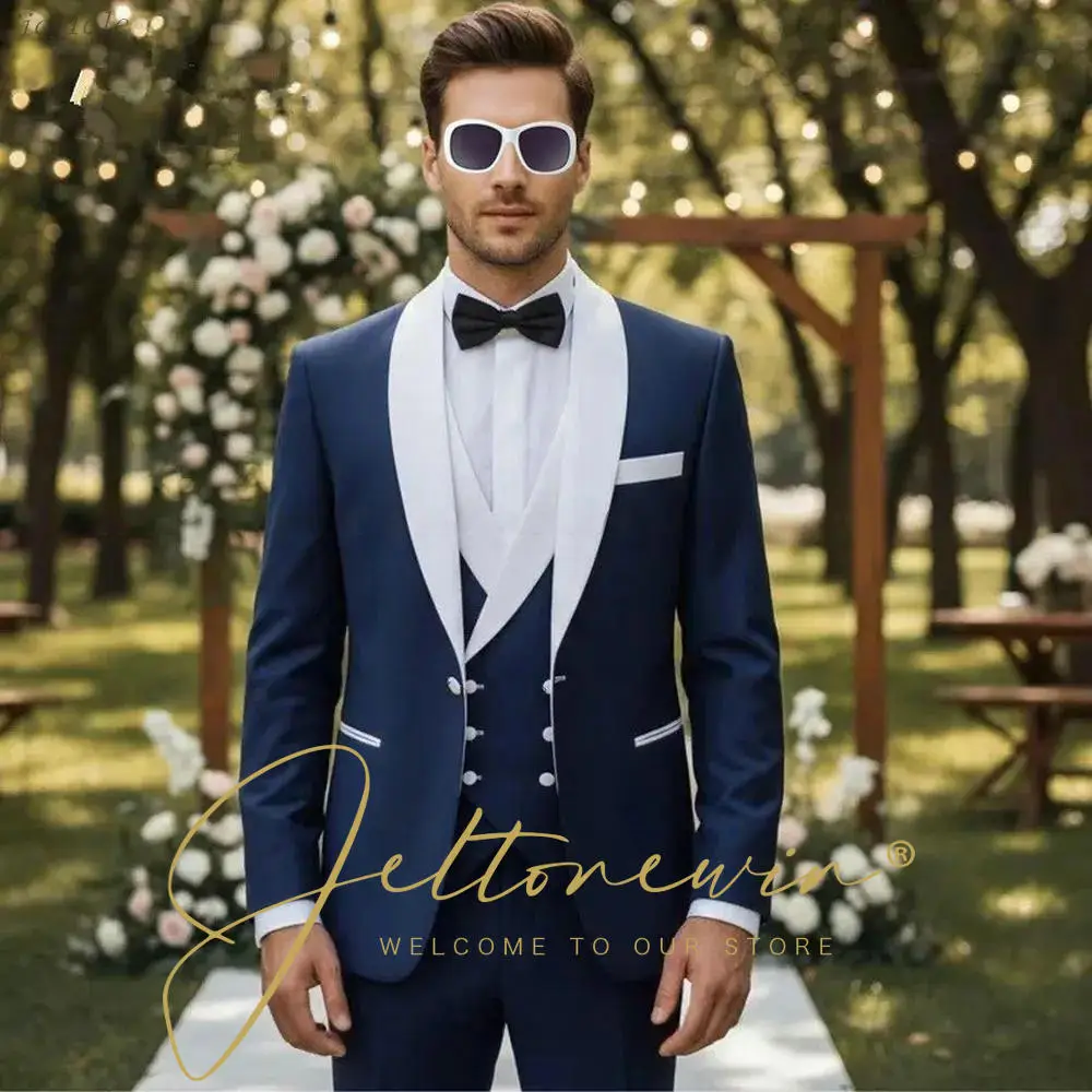 

Navy Blue Men Suits For Wedding Formal Party Groom Groomsman Tuxedos White Lapel 3 Pieces Set Business Male Jacket Vest Pants