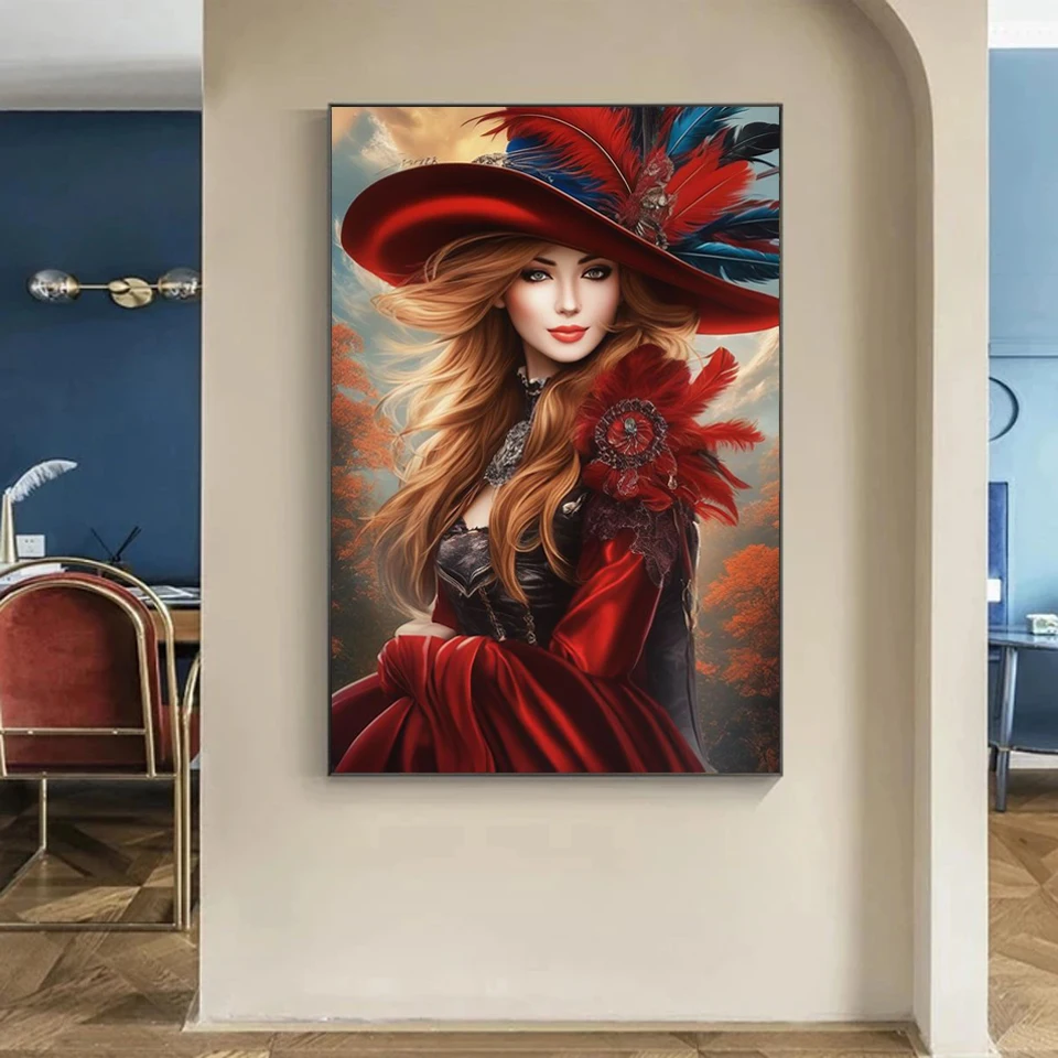 Pittura diamante fai da te nuova donna 2024 che indossa cappello di piume diamante pieno mosaico ricamo punto artistico decorazione della casa kit