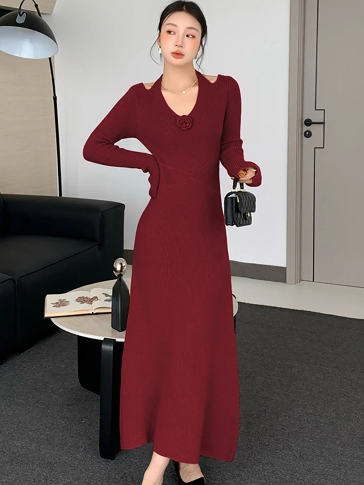 2025 핑크 니트 긴팔 빈티지 브이넥 드레스 가을 겨울 우아한 캐주얼 스웨터 드레스 여성 한국 바디콘 프로모션 드레스