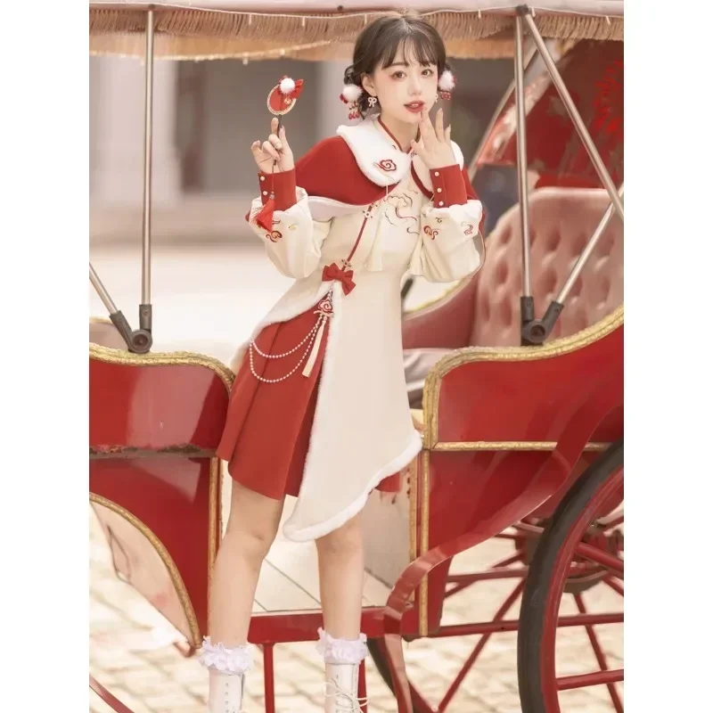 2024 Winter Kawaii Red Stand Collar Warm Lolita Dress with Shawl Women's Clothing Improve Chinese Style Cheongsam Dress Qipao