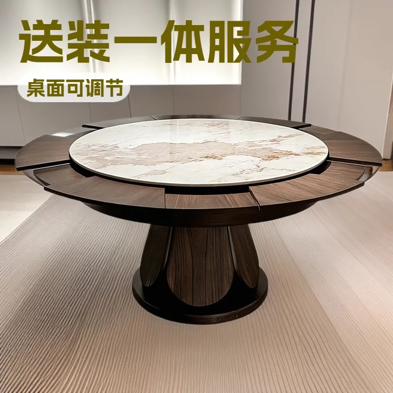 Deformation function dining table rotating telescopic rock slab round table household round solid wood dining table and chairs t