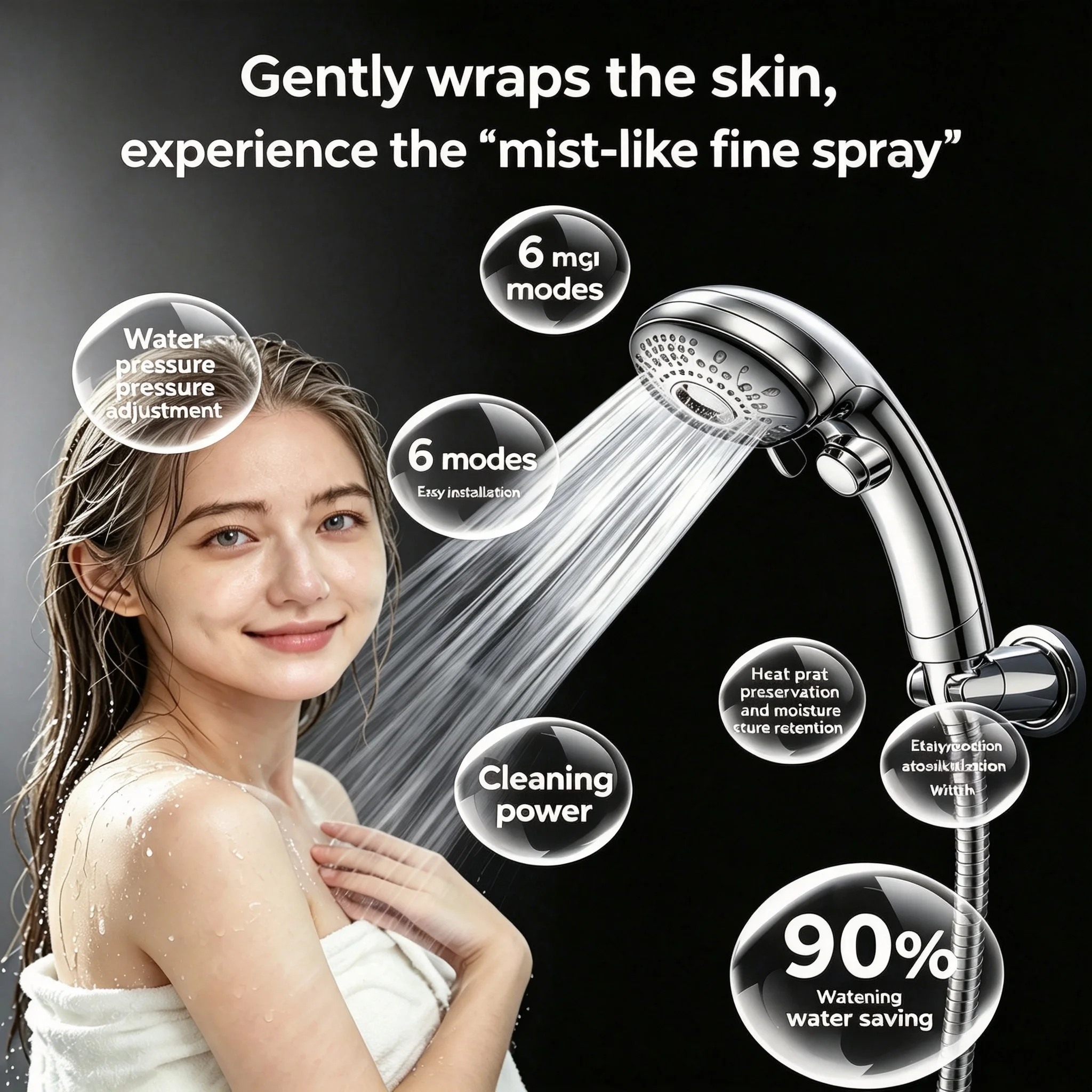 Japanese Nano Handheld Shower Head with 6 Spray Modes High Pressure One Hand Stop Button Gentle Skin Feel for Home Bathroom