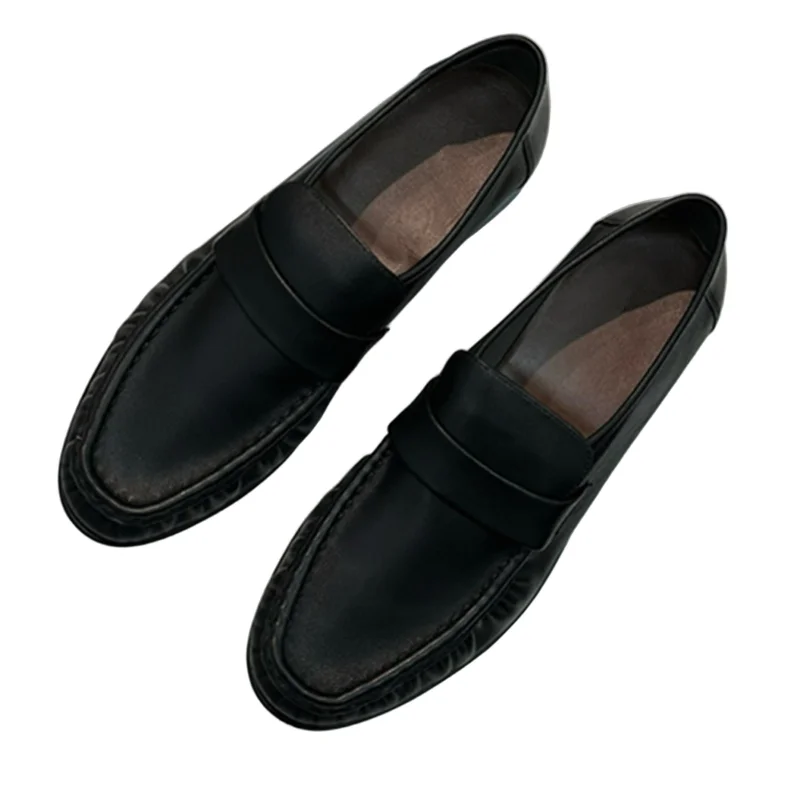 

Withered French Fashion Office Ladies Lazy Retro Pleated Loafers Minimalist Solid Color Genuine Leather Slip-On Loafers Shoes Wo