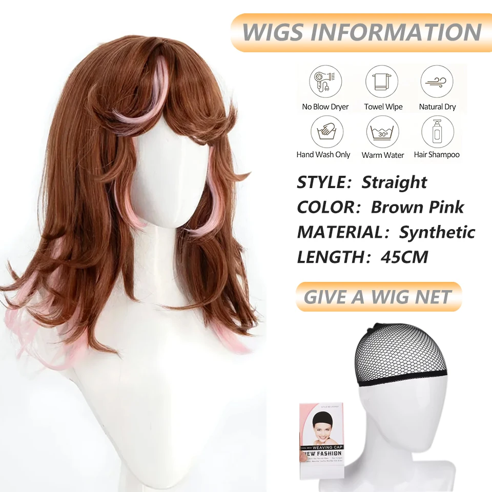 Identity V Barmaid Cosplay Wig TUZIXIUZHEN Demi Bourbon Shoulder-length Brown Wig with Pink Streak Heat Resistant Wigs for Part