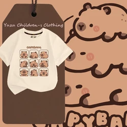 Camiseta infantil de manga curta, puro algodão, fofo, confortável, versátil, menino e menina, impressão de capivara, verão, nova tendência