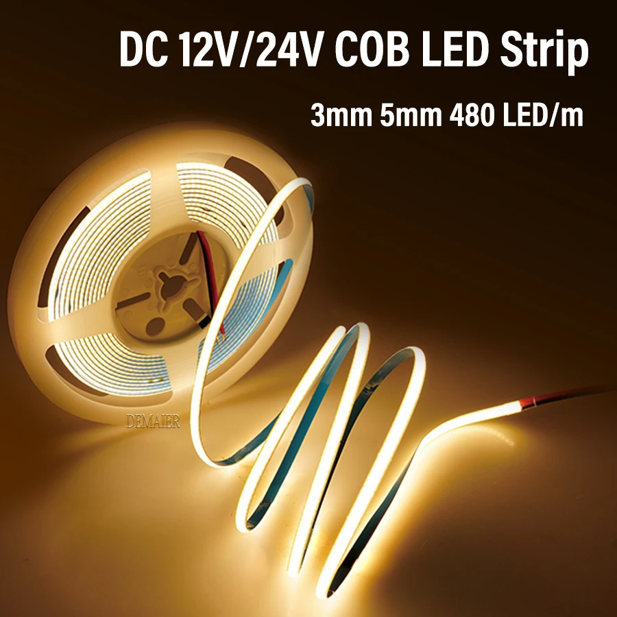 COB LED strip 480leds Light for Streifen licht Super Thin 5mm 8mm 3000-6500K Red Ice Blue 24V Flexible strips DC12V Diode tape