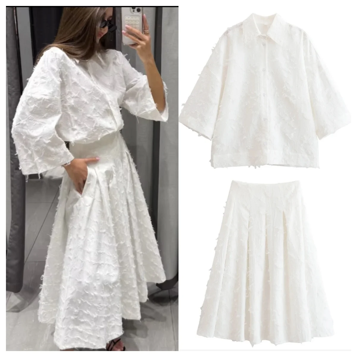

Korean Two piece Tassel Shirt Long Skirt Suit Women's Loose Button Blouse A-line Skirt Set Female 2026 New Ladies Spring Outwear