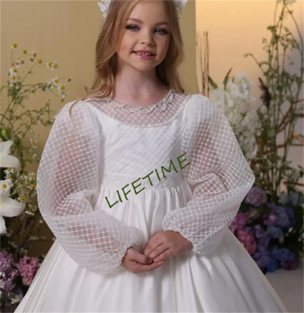 New White Flower Girl Dress with Full Sleeves Princess First Communion Dress Long Train Girls Costumes Big Bow