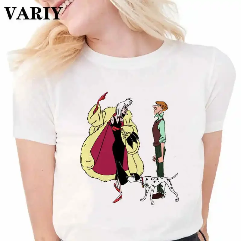 Women Gothic Tops Cruella De Vil T-Shirt Fashion Lady Clothes 101 Dalmatians Graphic Short Sleeved Tees Harajuku Female Tshirt