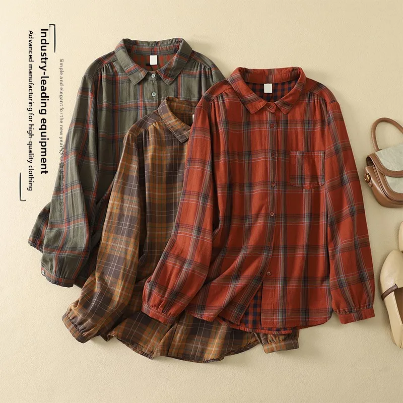 Retro Plaid Cotton Shirt Women's Long Sleeve Spring Autumn New Style Turn-down Collar Versatile Thin Cardigan Top Loose Fit