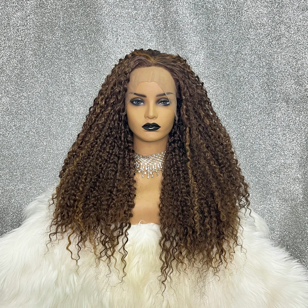 Highlight Brown Colored 28 Inch 13x3.5 Synthetic Lace Front Wig Kinky Curly Glueless Pre Plucked Cosplay Wigs For Women 180 Dens