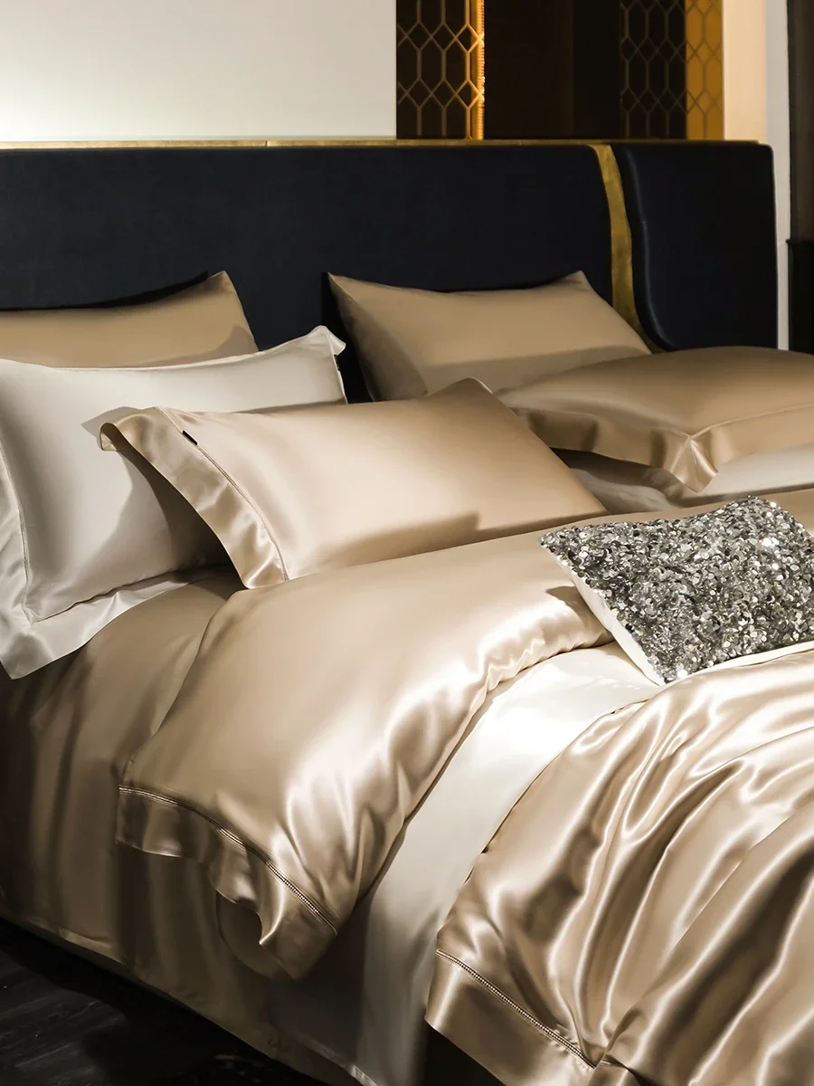 High-end double-sided heavy silk four-piece set of 100 mulberry silk slippery sleeping naked 30-meter bed sheet quilt cover silk