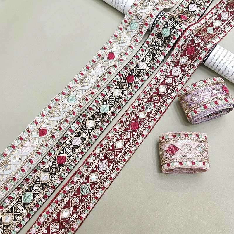 

10yards Ethnic Style Colorful Embroidered Lace Sequins Embroidery Flower Fabric Trim Ribbon for Curtain Shoes Clothing DIY Craft