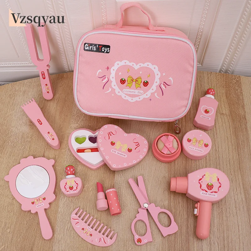 Casa de juegos de madera para niños, juguetes, bolsa de maquillaje rosa, juego de maquillaje de simulación para niñas, tocador, juguetes cosméticos, juguetes de belleza y moda