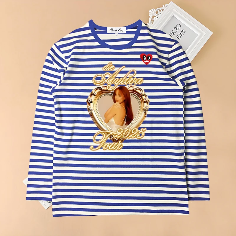 

Die Ayliva Tour 2025 Printing Women Striped T-Shirt Red Eyes Beard Heart Embroidery Cotton O-neck Long-sleeved Two Tone T-shirt