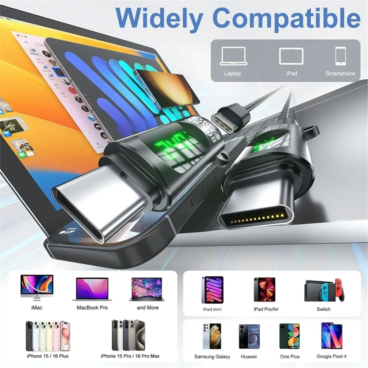 240W USB C Adapter Power Meter Tester - Voltage Current Power LED Display,Type C Male to Female Extension Connector,3PCS